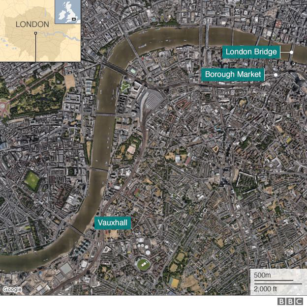 C&aacute;c vụ tấn c&ocirc;ng xảy ra li&ecirc;n ho&agrave;n ở 3 địa điểm kh&aacute;c nhau của London tối 3/6. (Ảnh: BBC)