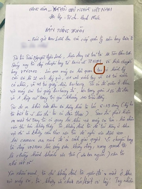 
Bản tường tr&igrave;nh của Uy&ecirc;n Linh gửi tới Ban l&atilde;nh đạo quản l&yacute; s&acirc;n bay.

