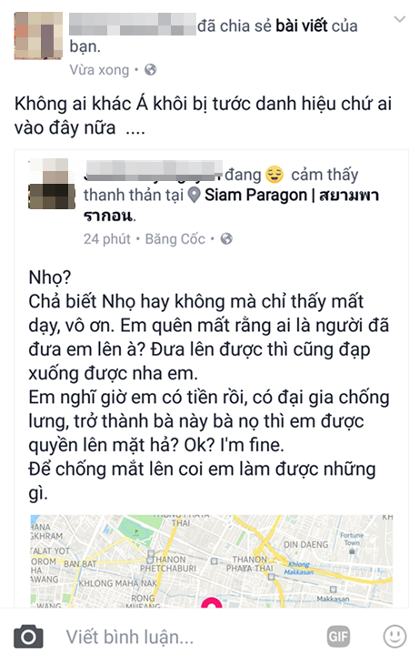 
Dòng trạng thái đầy ẩn ý của quản lý cũ Nguyễn Thị Thành.
