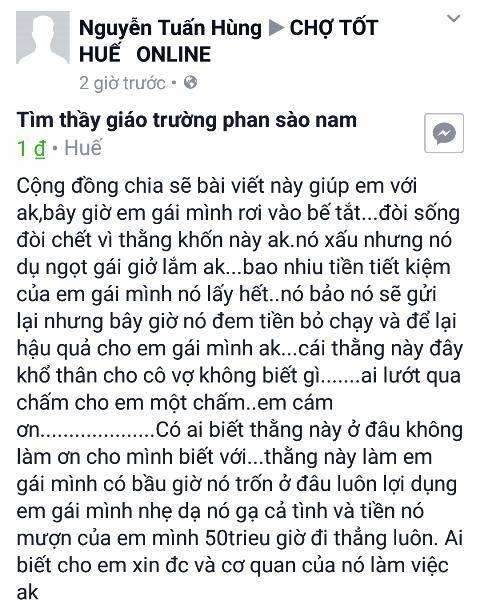 Chi tiết phần chữ một bài viết do tài khoản Facebook Nguyễn Tuấn Hùng đăng trên trang Chợ tốt Huế online. Ảnh: B.T