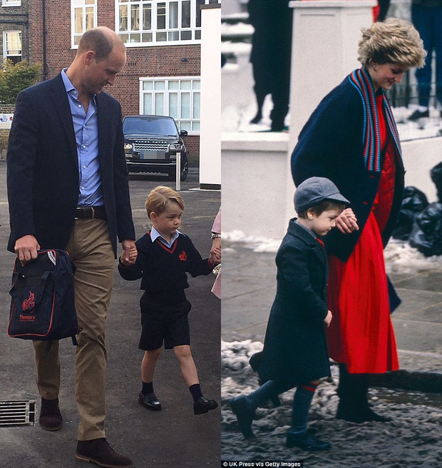 
Hình ảnh Hoàng tử đưa con đến trường khiến người ta nhớ về khung cảnh tương tự 30 năm về trước.
