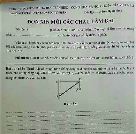 Một trong những đề kiểm tra độc đ&aacute;o do thầy Ho&agrave;ng soạn cho c&aacute;c học sinh của m&igrave;nh.