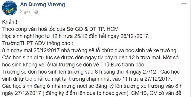 
Thông báo của trường THPT An Dương Vương. Ảnh chụp màn hình.
