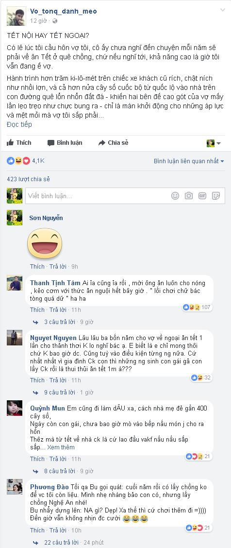Chỉ sau một thời gian ngắn khi đăng tải, c&acirc;u chuyện Tết nội hay Tết ngoại tr&ecirc;n Page Facebook Vo_tong_danh_meo đ&atilde; đạt 4.100 lượt quan t&acirc;m, 423 lượt chia sẻ v&agrave; 417 b&igrave;nh luận