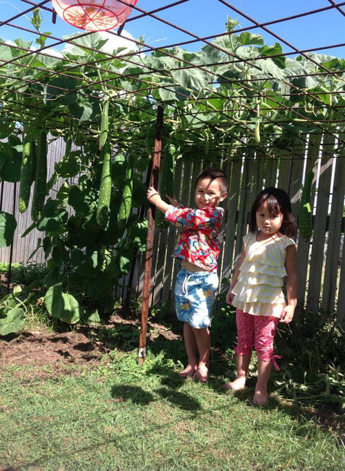 Các con của chị Hường rất thích ra vườn phụ mẹ chăm rau.