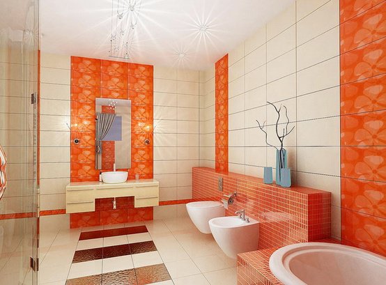 4. Da cam là sắc màu chủ đạo được sử dụng trong thiết kế phòng tắm này. Với gam màu cam, cả phòng tắm nhà bạn như bật lên một sức sống tuyệt diệu. Màu cam thực sự gây ấn tượng, kích thích cảm xúc của bạn rất tốt.