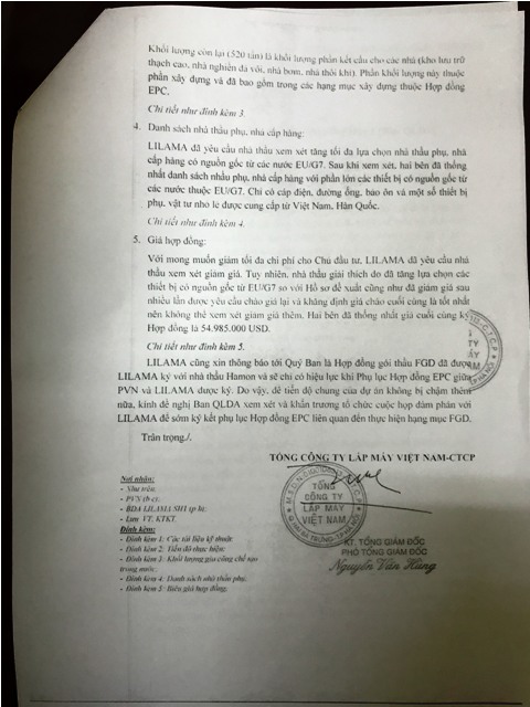 Tổng công ty Lắp máy Việt Nam gửi văn bản báo cáo Ban QLDA Điện lực Dầu khí Sông Hậu 
