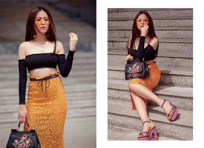 Cách kết hợp chiếc áo với chân váy cạp cao của nữ ca sĩ cũng rất thời thượng và tinh tế