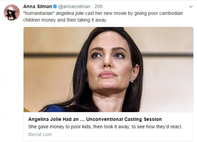 
Một trong những bình luận chỉ trích Angelina Jolie trên Twitter.
