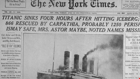 
Sự kiện Titanic chìm trên báo Mỹ ngày 16/4/1912. Ảnh: CNN
