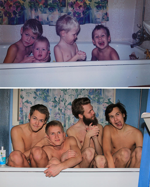 
Bốn anh em chen chúc trong bồn tắm để dựng lại cảnh tắm chung thời nhỏ.

