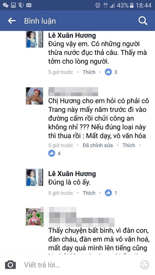 
Nghệ sĩ Xuân Hương cũng like và comment những lời chỉ trích Trang Trần.
