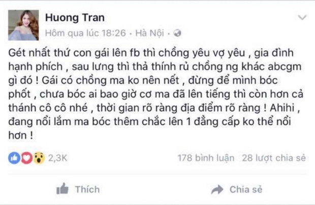 
Hương Trần đăng tải dòng tâm trạng bức xúc trên Facebook.
