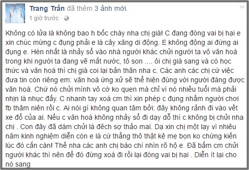 
 Dòng trạng thái mới nhất của Trang Trần sau khi đăng clip chửi mắng đàn chị. (Ảnh: Chụp từ FBNV)
