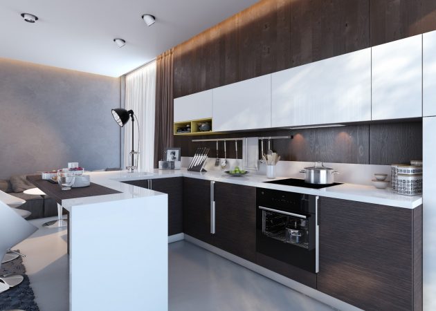6. Sắc trắng kết hợp với màu xám gỗ trung tính tạo cảm hứng nấu nướng trong không gian nhà bếp này. Chiếc đèn với ánh sáng dịu nhẹ tỏa sáng càng làm không gian thêm ấm áp.