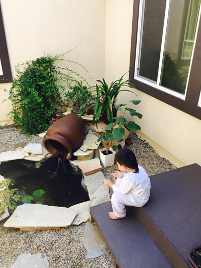 Ngoài cây bonsai, trong nhà cũng có góc tiểu cảnh đặt hồ nuôi cá. Bé út Kenzi thích ngắm nhìn và cho cá ăn giúp bố.