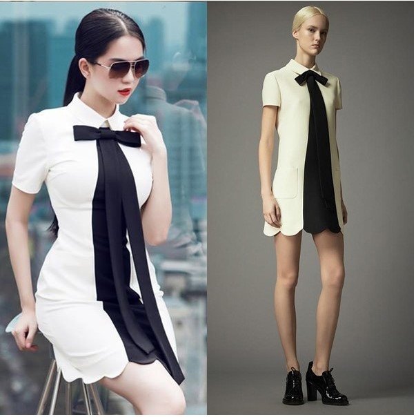 Valentino cũng l&agrave; một trong những thương hiệu được Ngọc Trinh lựa chọn để nh&aacute;i lại mẫu v&aacute;y trắng thắt nơ cổ điển. Tuy nhi&ecirc;n, c&ocirc; đ&atilde; s&aacute;ng tạo hơn ở chi tiết chiết eo v&agrave; lược bỏ đi phần t&uacute;i.