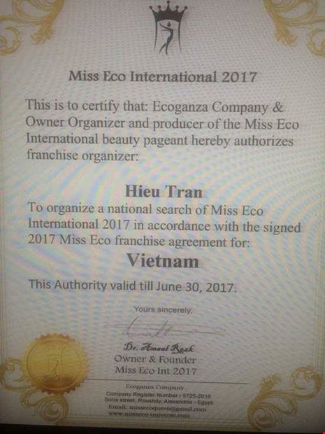 Bản quyền cuộc thi Miss Eco International 2017 cấp cho ông Trần Trọng Hiếu.