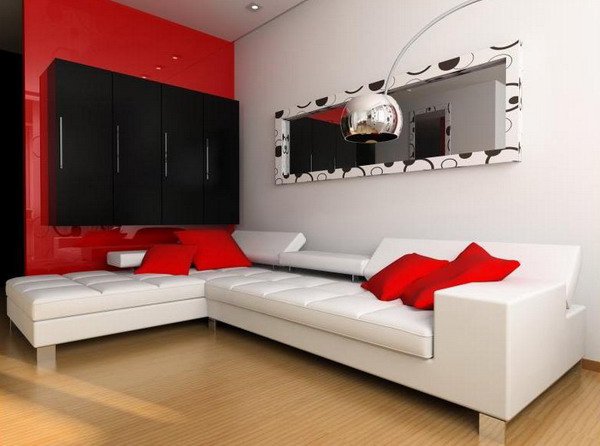 7. Ghế trắng trải dài hài hòa với tường trắng. Bên trên là những chiếc gối ôm màu đỏ tươi giúp không gian trở nên đầy cuốn hút mắt nhìn. Một chiếc tủ màu đen trên nền tường đỏ cũng tạo hiệu ứng màu sắc hấp dẫn đầy lôi cuốn.