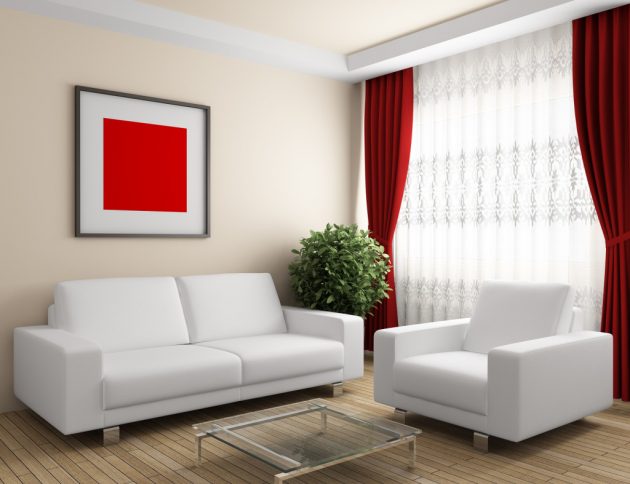 8. Chỉ cần thay đổi màu một chút, ghế trắng và rèm cửa đỏ giúp không gian được phân định rõ rệt. Bức tranh treo tường được bố cục với 2 màu trắng và đỏ cũng tạo nên hiệu ứng màu sắc thật tuyệt vời.