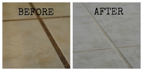 Sàn gạch trước và sau khi sử dụng soda và giấm.