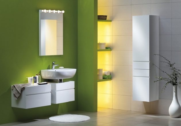9. Thiết kế phòng tắm đơn giản nhưng không kém phần tinh tế với màu trắng và màu vàng chanh tươi mát.