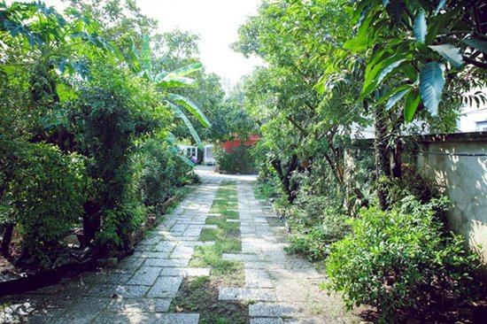 Lối đi trong vườn được lát gạch thô tươm tất.