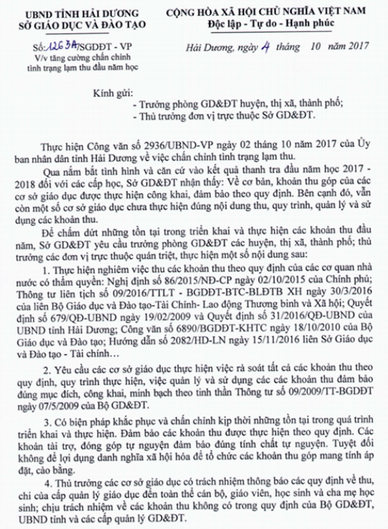 
Văn bản chỉ đạo việc lạm thu của Sở GD&ĐT tỉnh Hải Dương. Ảnh: Đ.Tùy
