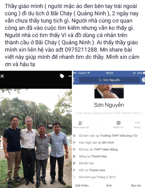 Thông tin trên mạng tìm thầy giáo Sơn (áo đen) mất tích tại Bãi Cháy (Quảng Ninh). Ảnh: (Gia đình cung cấp)