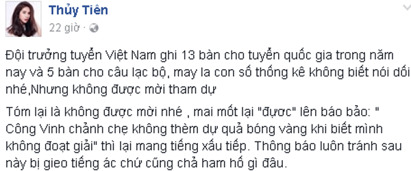 
Thủy Tiên nóng mặt khi chồng không được mời tham dự Lễ trao giải Quả bóng vàng.
