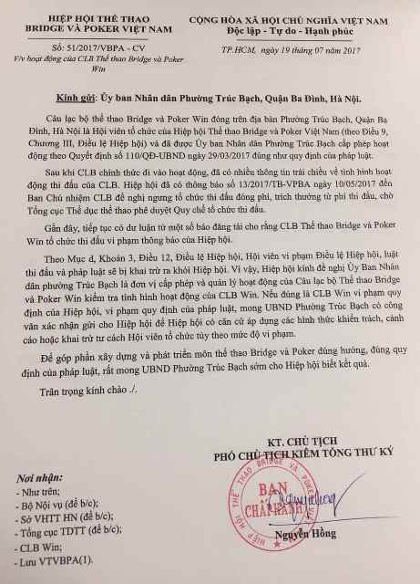
Văn bản của Hiệp hội Bridge & Poker Việt Nam gửi đến các phường (nơi cấp phép cho các CLB Poker) đề nghị kiểm tra hình thức hoạt động.
