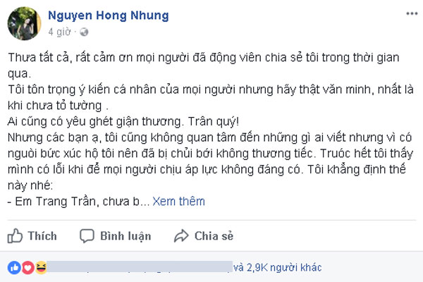 
Vợ NS Xuân Bắc đã có đáp trả Trang Trần.
