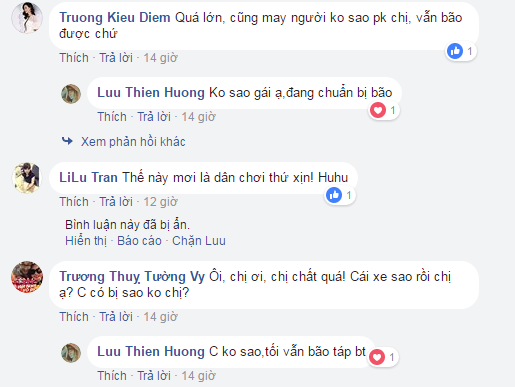 Dù xế hộp bị nát bét đầu thì tối Lưu Thiên Hương vẫn phải đi  bão với mọi người