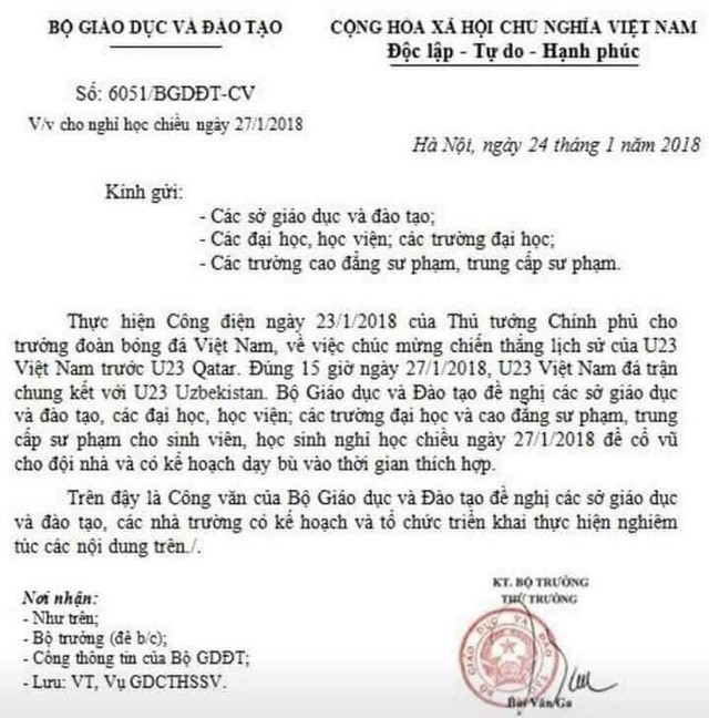 Công văn giả về việc Bộ GD-ĐT cho học sinh cả nước nghỉ học chiều 27/1 để xem Việt Nam đá chung kết giải U23 Châu Á