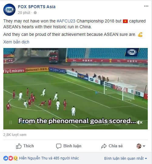 Trang FOX Sports Asia gọi hành trình của U23 Việt Nam tại giải đấu này là hiện tượng và chiếm trọn trái tim người hâm mộ Đông Nam Á.