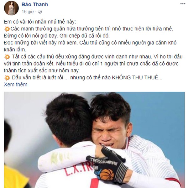 
Bảo Thanh đòi quyền lợi cho các cầu thủ U23 Việt Nam.
