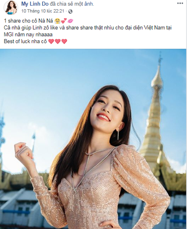 
Hoa hậu Đỗ Mỹ Linh chia sẻ ủng hộ đàn em.
