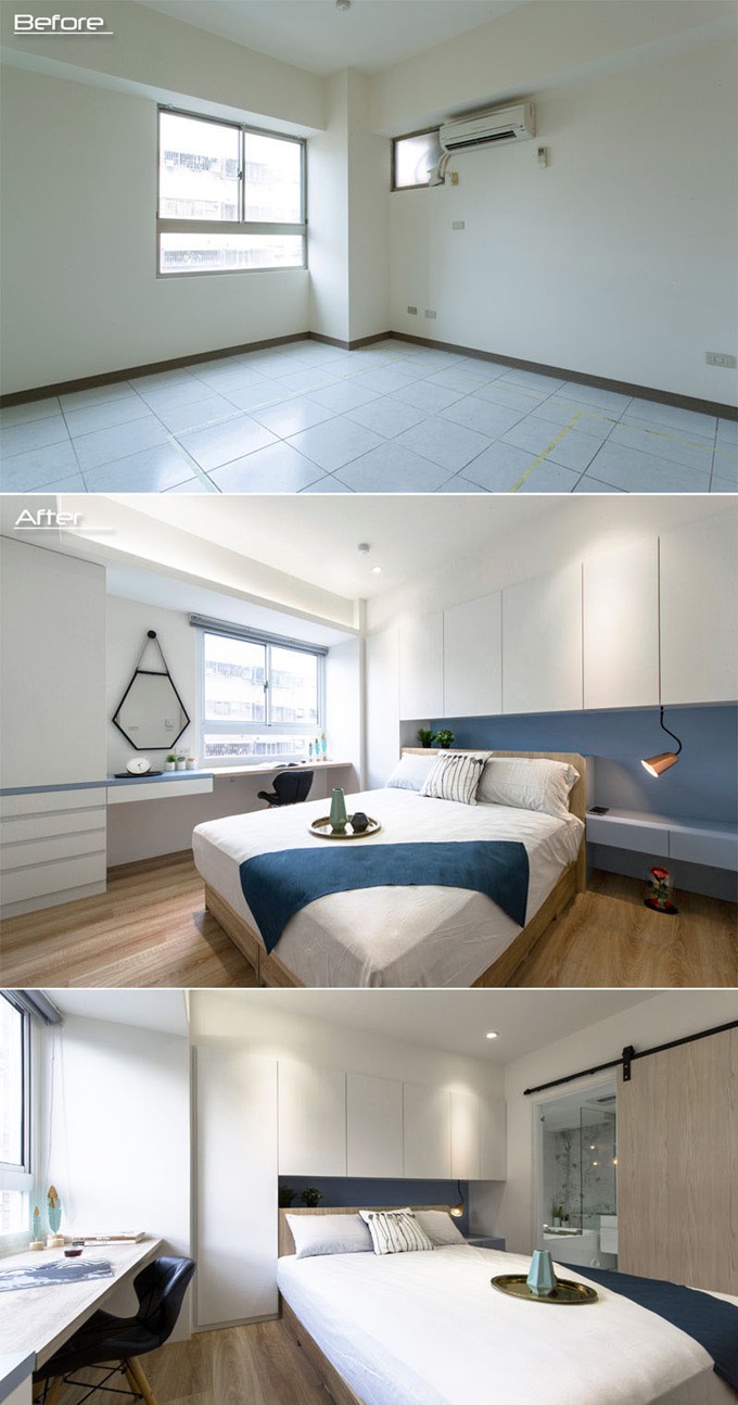 Trắng là màu chủ đạo trong phòng ngủ nên toàn bộ hệ thống tủ, bàn làm việc, ga trải giường đều mang màu sắc này. Bên cạnh giường là phòng tắm, được bảo đảm sự riêng tư bằng cửa trượt gỗ.