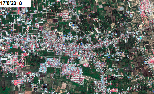Ảnh vệ tinh của DigitalGlobe cho thấy khu vực Petobo ở Palu trước (trái) và sau (phải) thảm họa động đất, sóng thần. Ảnh: AP.