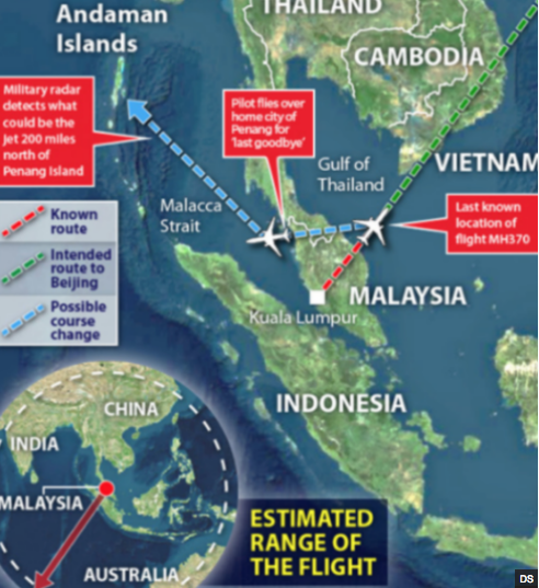 
Hành trình bay của chiếc máy bay MH370.
