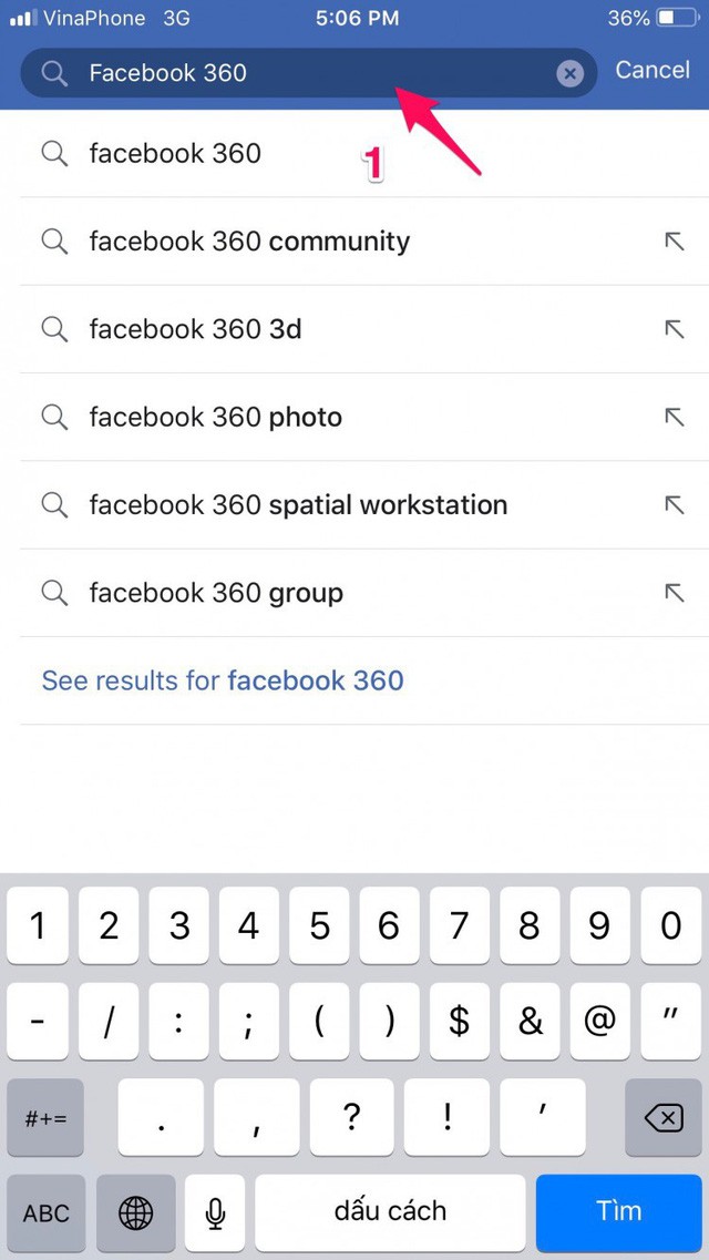 
​Nhập từ khoá tìm kiếm Facebook 360.
