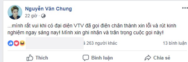 
Nhạc sĩ Nguyễn Văn Chung thông báo đại diễn VTV đã gọi điện xin lỗi.
