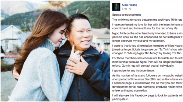 Tỷ phú Hoàng Kiều thông báo chia tay Ngọc Trinh trên fanpage vào ngày 23/1/2017.