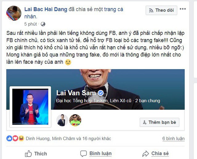 Trên thực tế, tài khoản Facebook của nhà báo Lại Văn Sâm đã được tạo từ cuối tháng 9.2018 nhưng mới đây mới thường xuyên hoạt động.