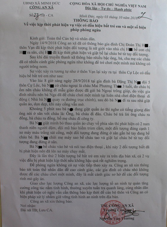 Thông báo của Công an xã Minh Đức về vụ việc có dấu hiệu bắt cóc trẻ con xảy ra trên địa bàn thôn Cự Lộc. Ảnh: Đ.Tùy