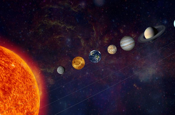 Sao Thủy, Trái Đất, Sao Hỏa, Sao Mộc, Sao Kim và Mặt Trời chuẩn bị xếp thành 1 đường thẳng hàng vào 21.12.2018. Ảnh: Getty.