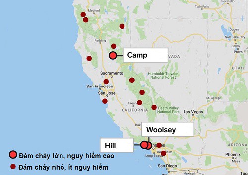 Vị trí ba đám cháy lớn ở California. Ảnh: Business Insider.