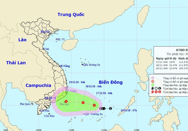 
Đường đi và vị trí của cơn bão. Ảnh: TTDBKTTVTW
