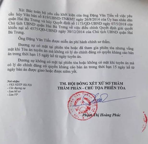 
TAND TP Hà Nội đã tuyên bác toàn bộ yêu cầu khởi kiện của ông Đặng Văn Tiến 
