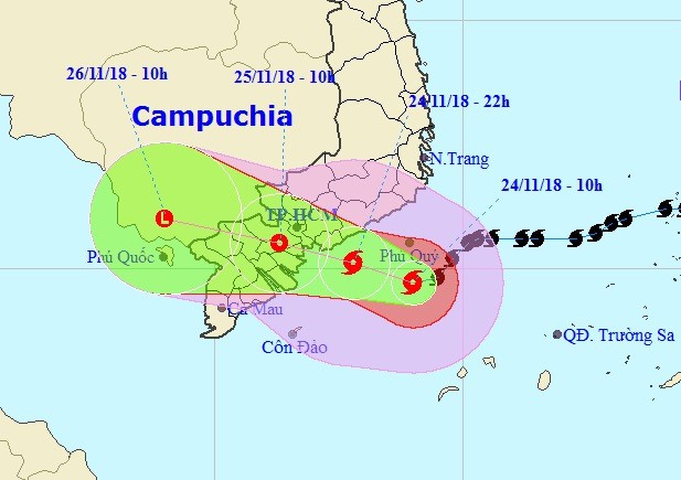 Dự báo hướng đi của bão số 9 lúc 11h sáng nay. Ảnh: Trung tâm Dự báo Khí tượng Thủy văn Quốc gia.